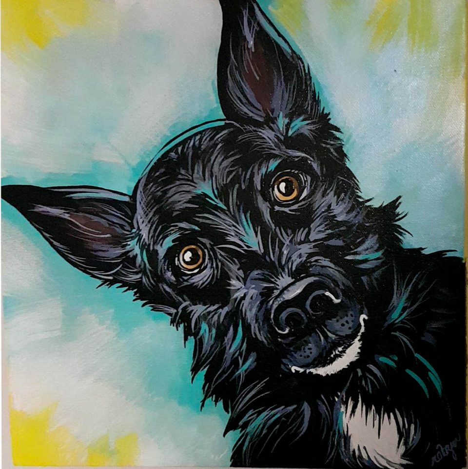 A painting of a smiling dog looking right at the viewer. 
Clicking the link takes you to the "Dogs and Whimsy" page