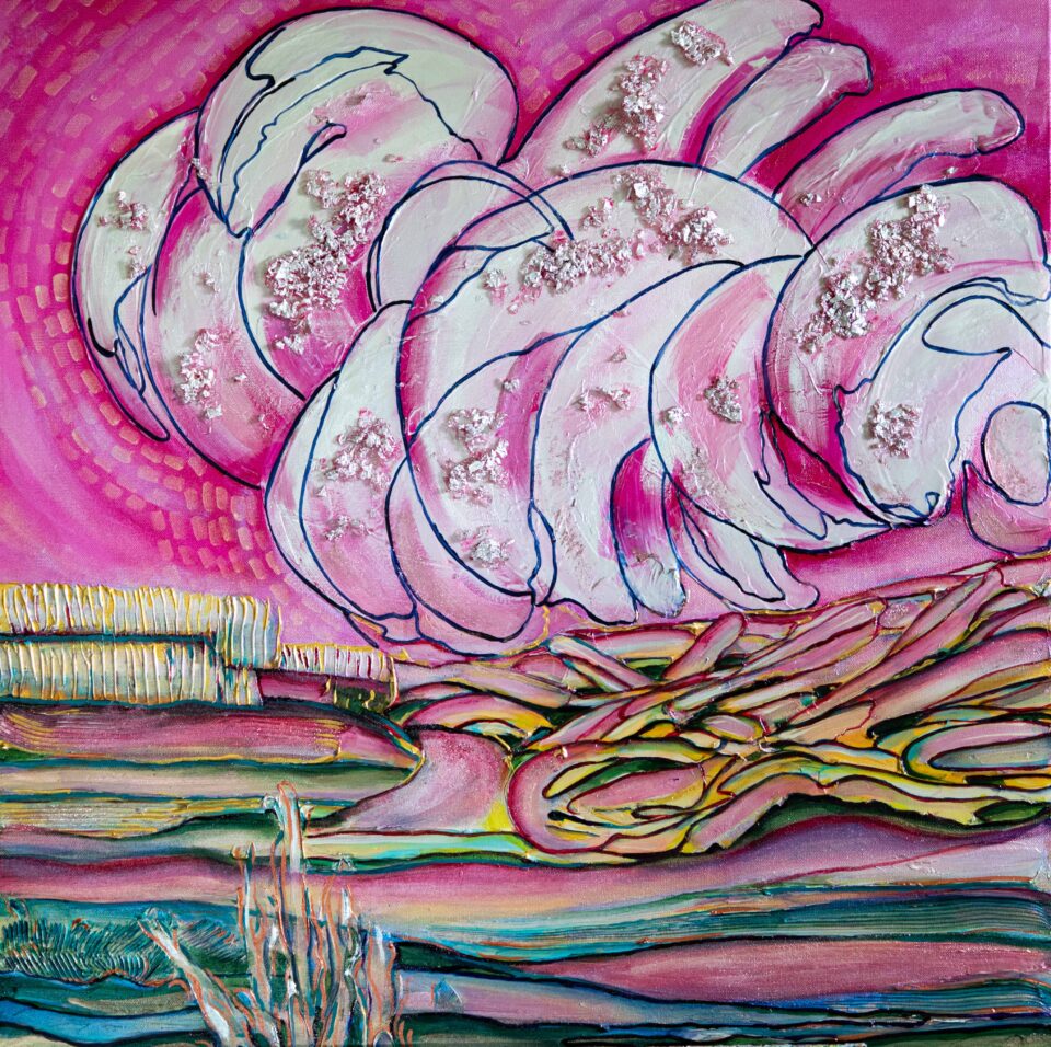 A painting featuring white clouds on a pink sky, and fields of Canola in the foreground