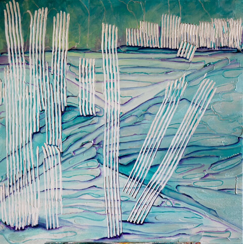 A predominately blue painting with vertical white lines representing a stand of Birch trees