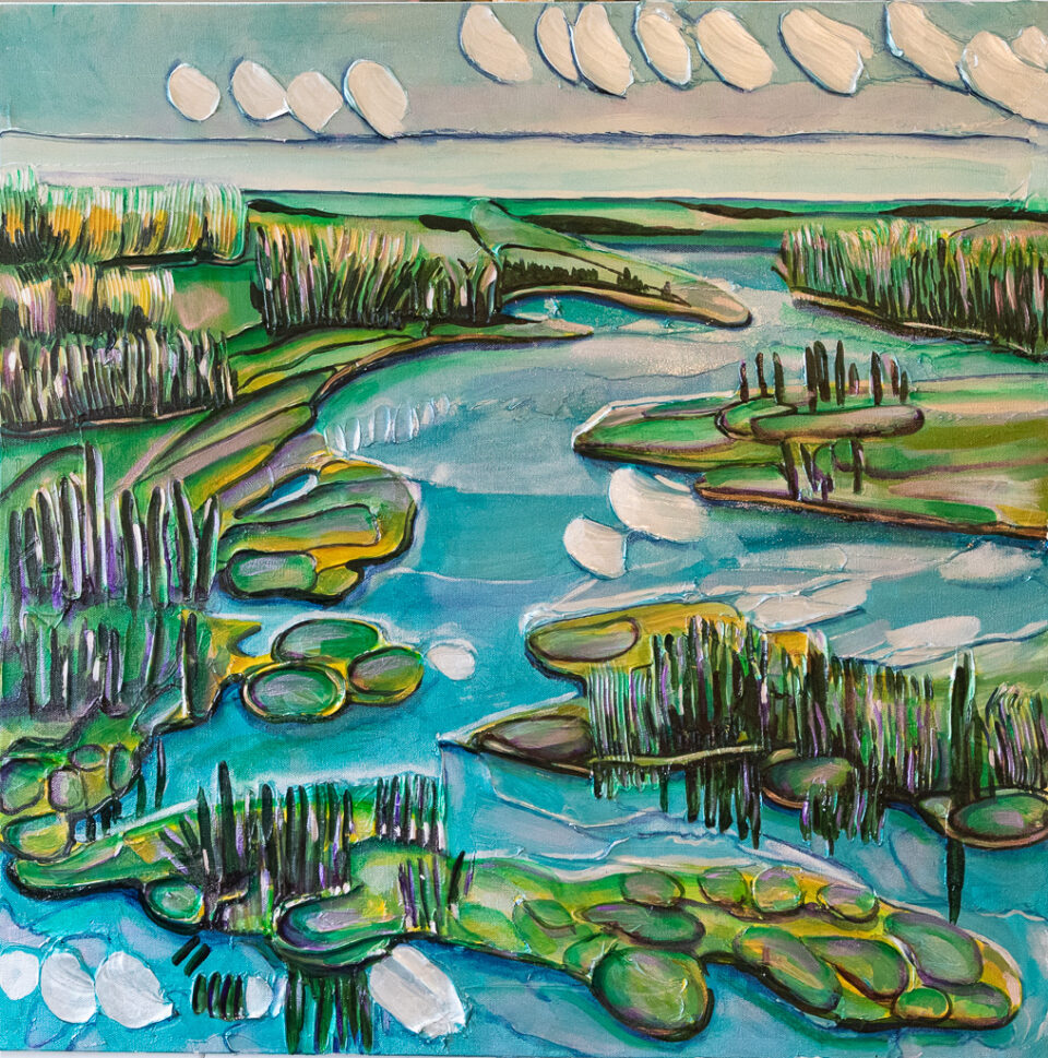A painting shows rivers and water stretching into the distance in Wood Buffalo park