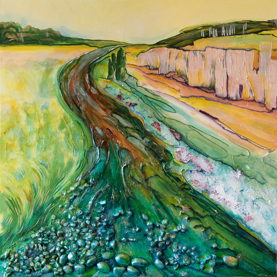 A painting shows the salt river running along a steep embankment