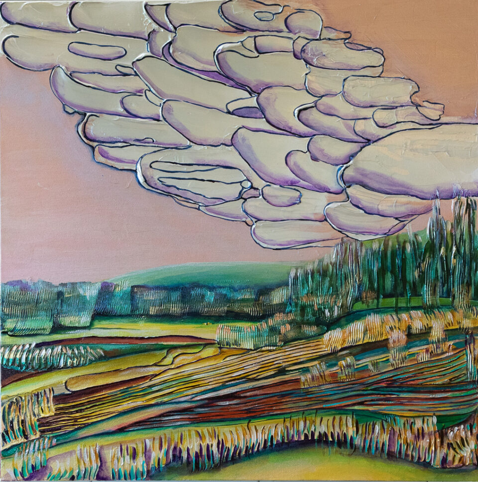 A painting with rugged land and fields in the foreground, and clouds tinged with grey leading off to teh distance