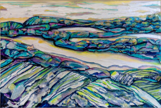 This painting has rugged blue and green rocks in the foreground, stretching off into the distance.