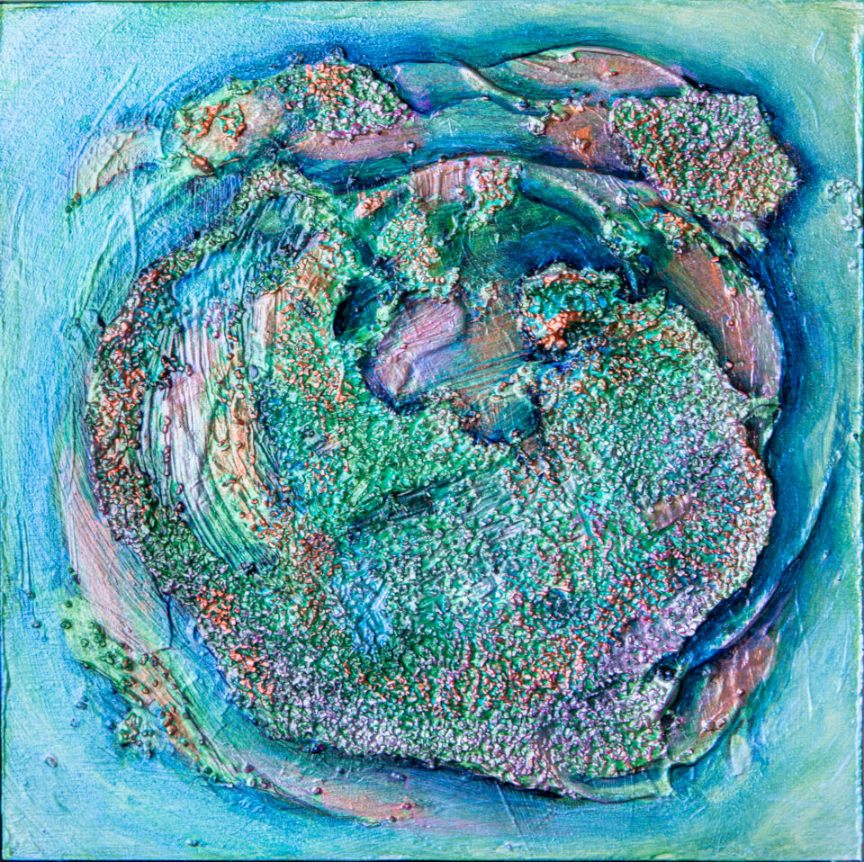 A textured swirl in green and copper on a blue background.