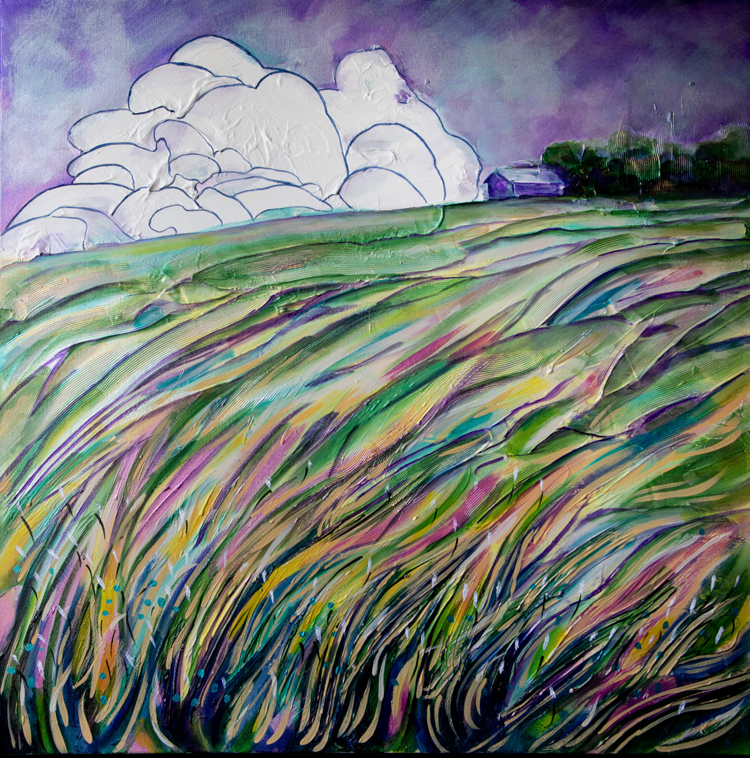 Under a purple sky filled with billowing white clouds, multi-coloured grasses flow from the bottom left toward a small purple house in the upper distance.