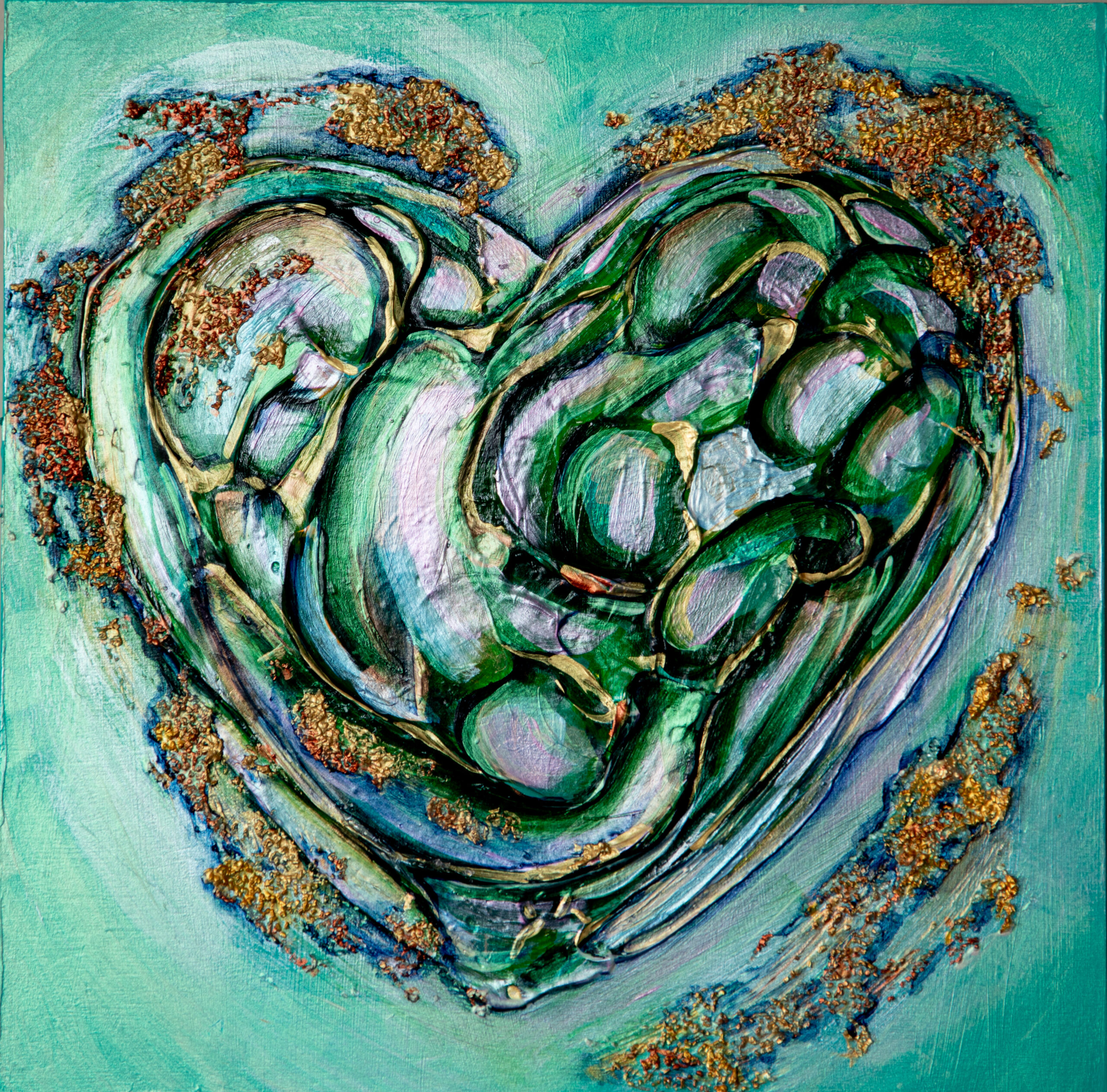 A green heart filled with irregular shapes in dark green, gold, and blue on a pale green background.