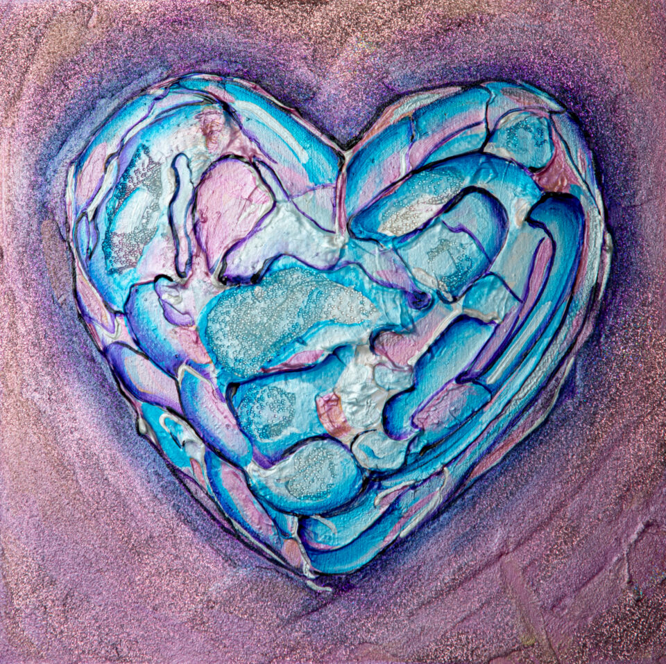 A shiny blue and pink heart with a pink background.
