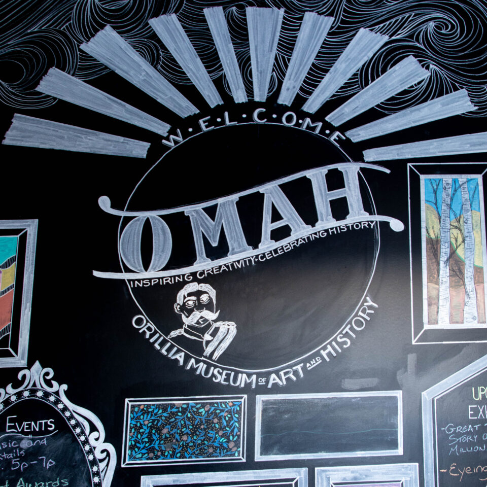 A welcome sign that features the word OMAH and several renditions of paintings in chalk on a blackboard.