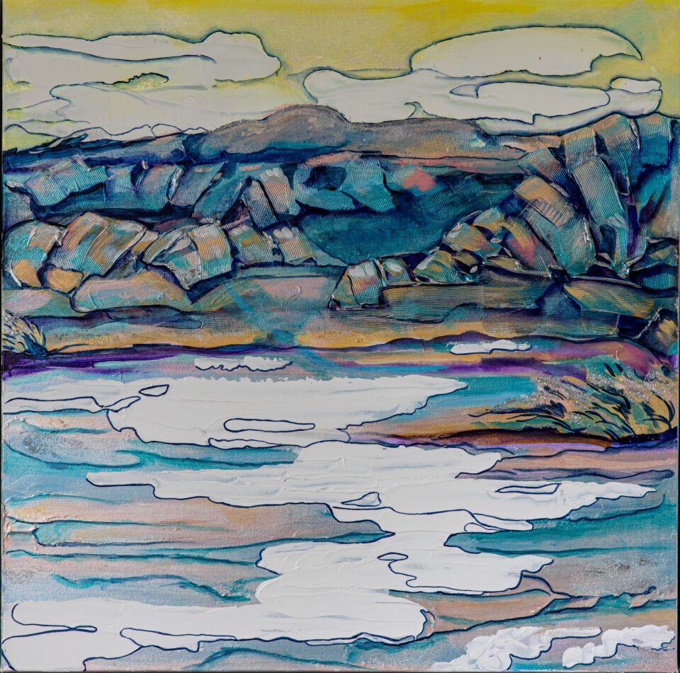A view of a frozen wetland in winter rendered in blue and ochre sits below a yellow sky with long white clouds.