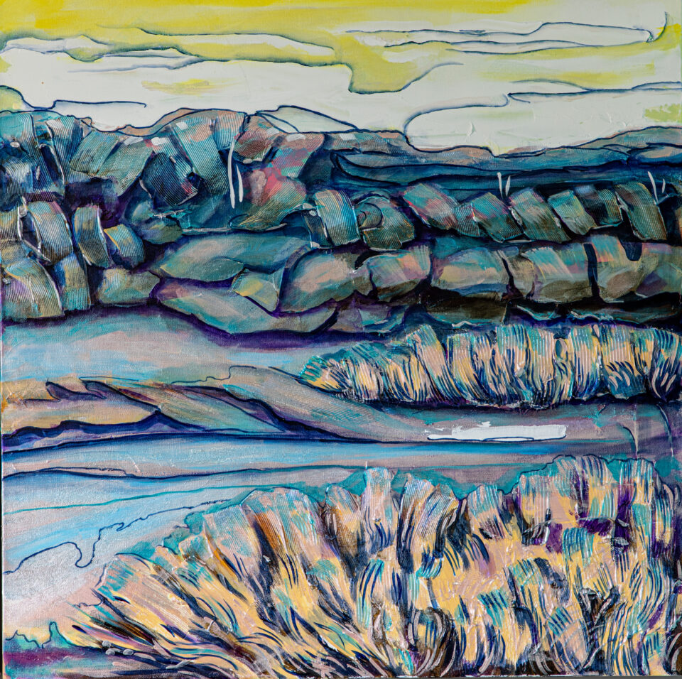 A view of a frozen wetland in winter rendered in pale blue and ochre sits below a yellow sky with long white clouds.