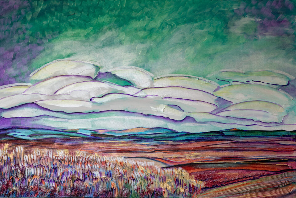 A grren sky with elongated clouds at the horizon over a russet blueberry field in autumn.