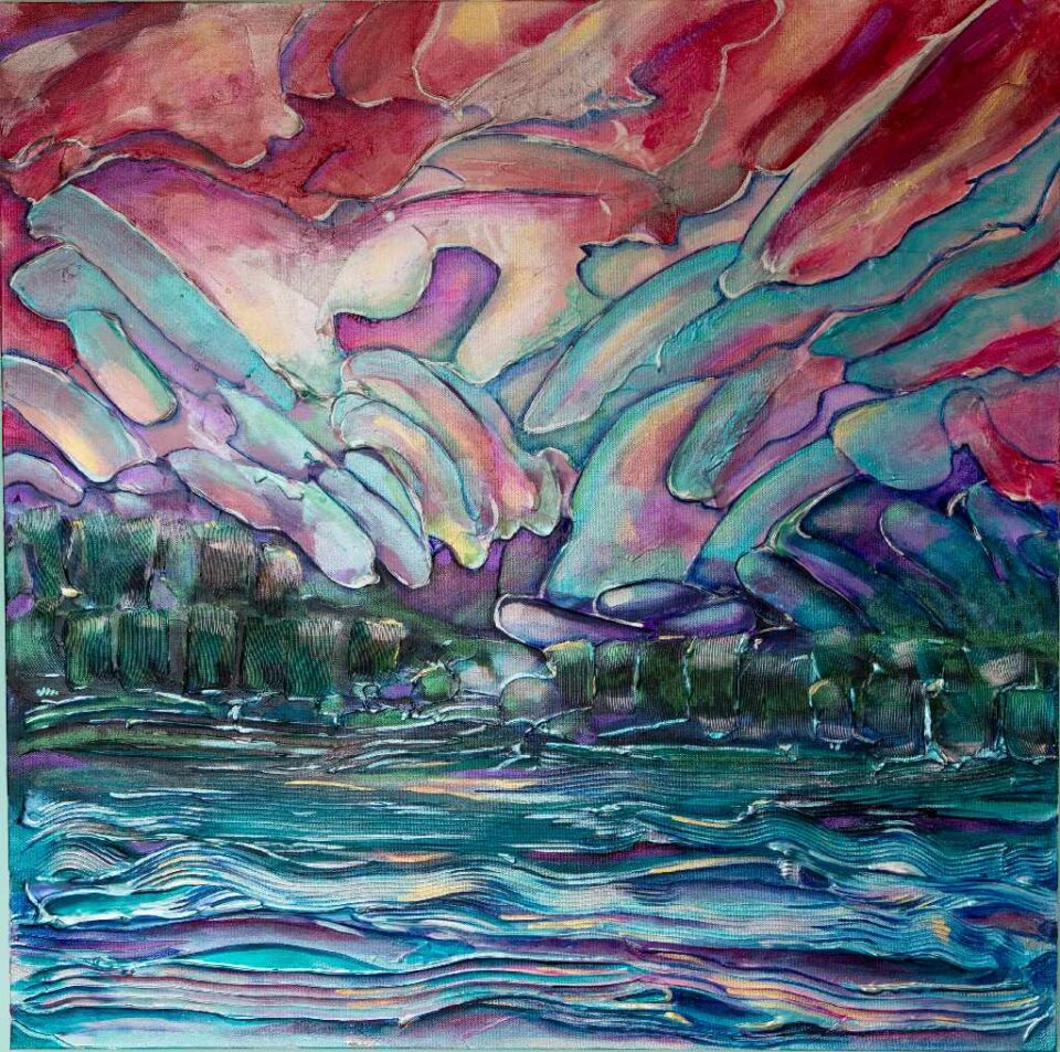 This painting shows a sky full of intense red and blue clouds over a landscape with water surrounded by trees